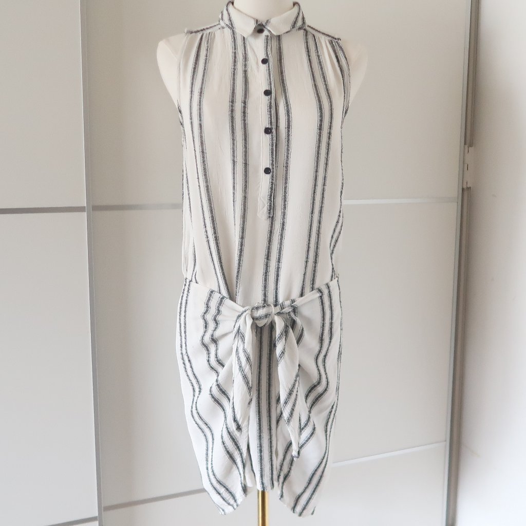 Maven West 2 Way Striped Sleeveless Shirt Dress Tie Waist Rayon Xs White Black